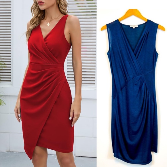 Jaune Rouge Sleeveless V-neck Asymmetrical Faux Wrap Dress - Picture 1 of 9